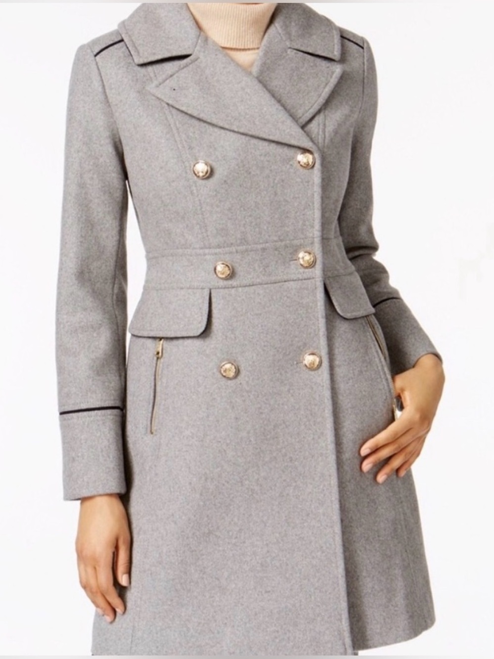 Vince Camuto Gray Trench Coat with Gold Buttons Size M Old Money Aesthetic